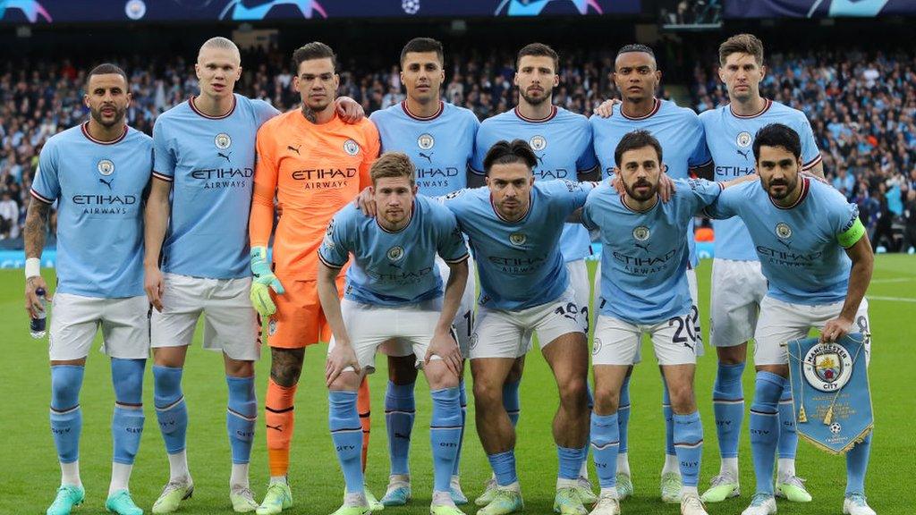 Manchester City players line up before their Champions League semi-final against Real Madrid