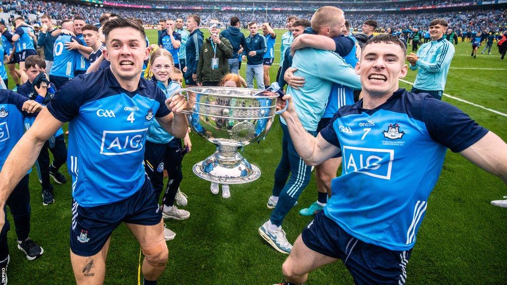 Dublin players David Byrne and Lee Gannon pictured after winning the Sam Maguire Cup in July