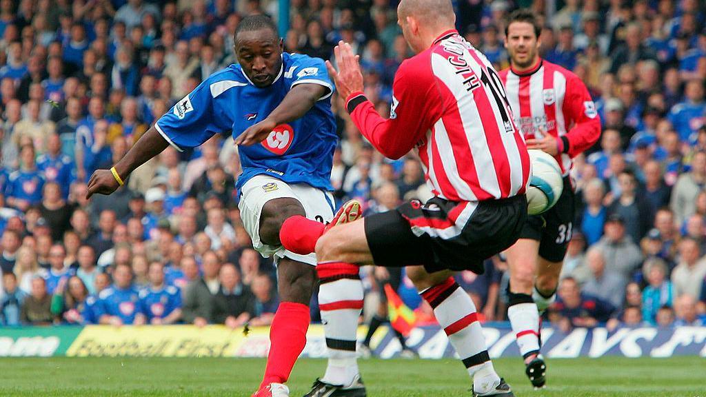 Lomana LuaLua of Portsmouth curls in his second goal during the Premier League match between Portsmouth and Southampton at Fratton Park in April 2005