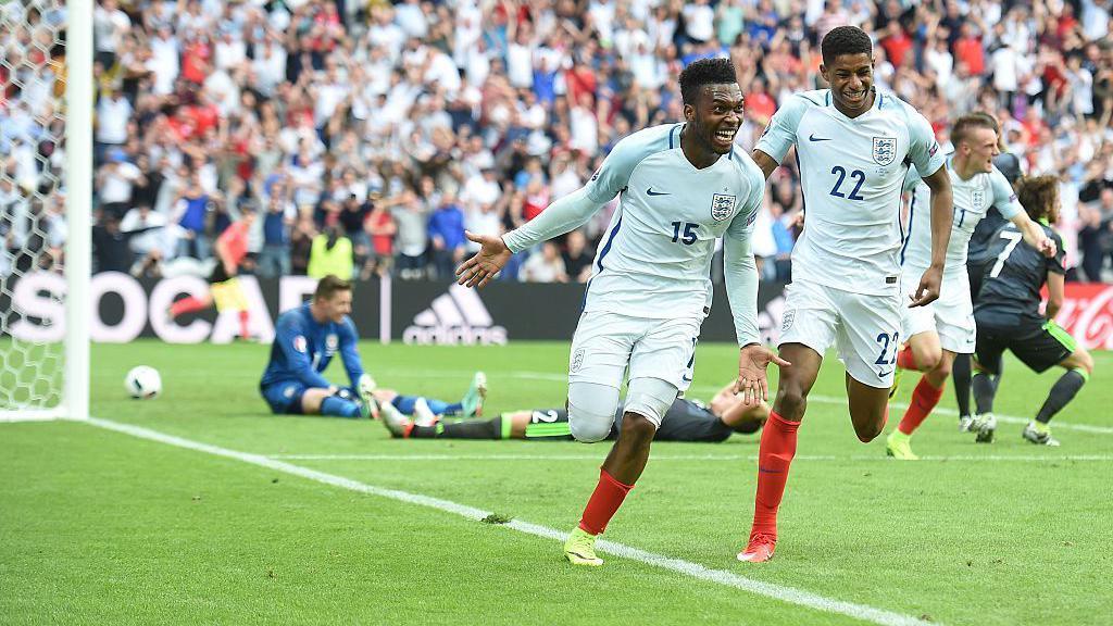 Daniel Sturridge celebrates scoring for England against Wales at Euro 2016
