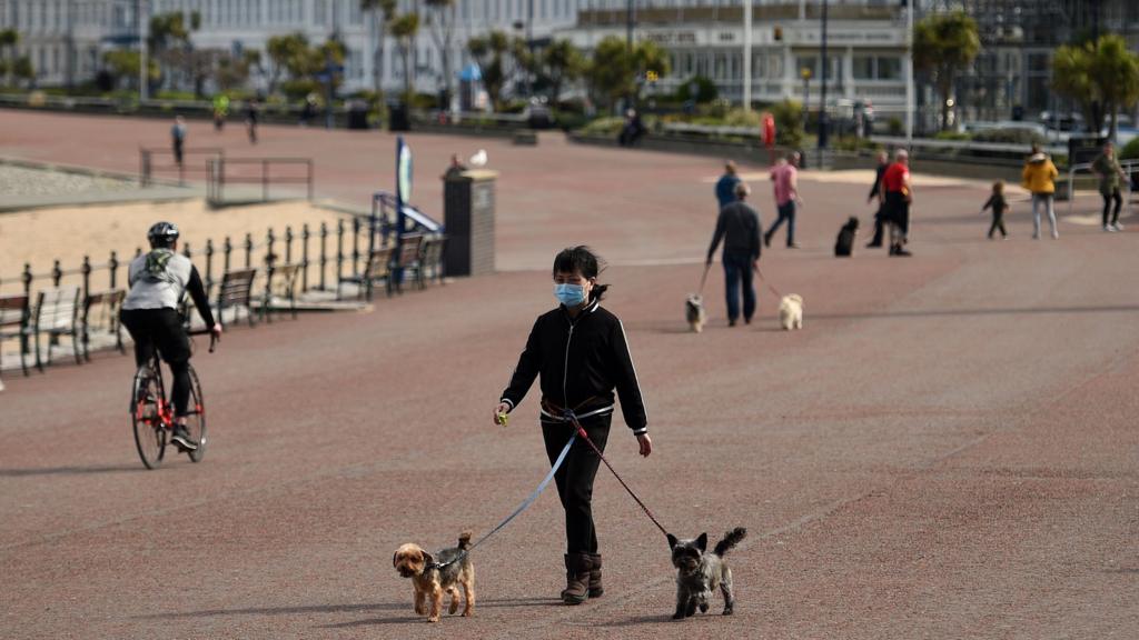 Dog walkers on Llandudno seafront amid the coronavirus pandemic