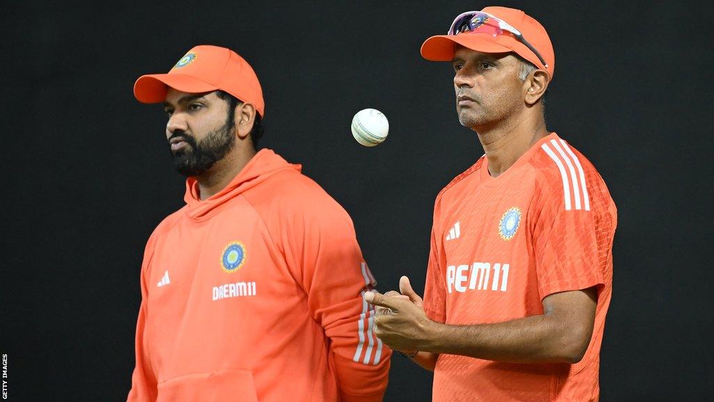 India captain Rohit Sharma (left) and coach Rahul Dravid (right) during the World Cup final defeat by Australia