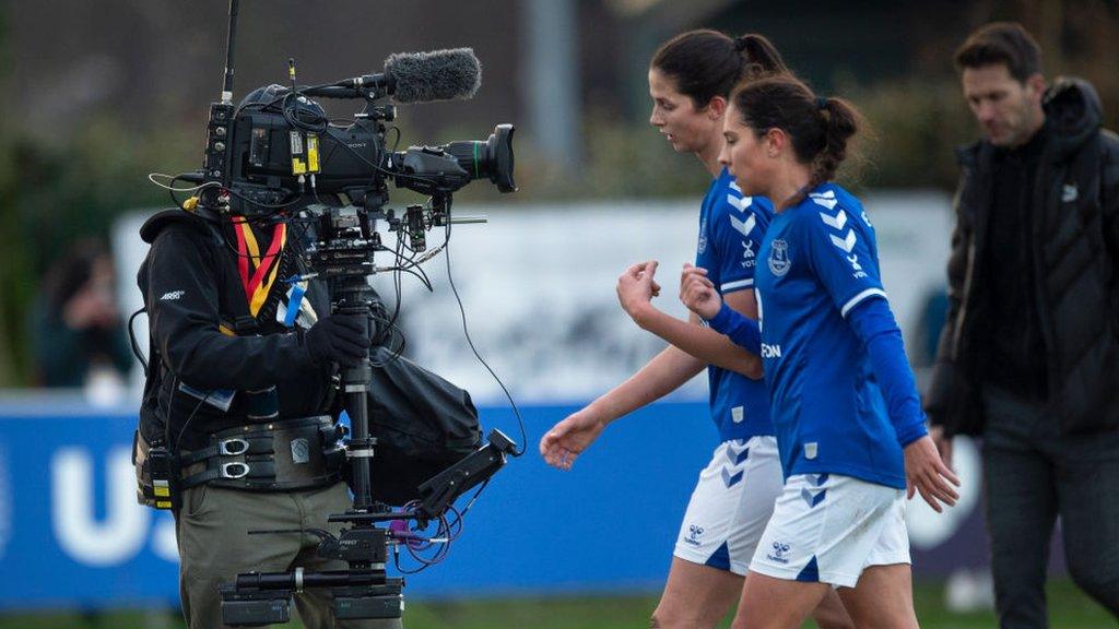 BT Sport TV cameras film Abbey-Leigh Stringer and Ingrid Moe Wold of Everton during the Barclays FA Women's Super League match between Everton Women and Manchester City Women at Haig Avenue on December 6, 2020 in Southport, England