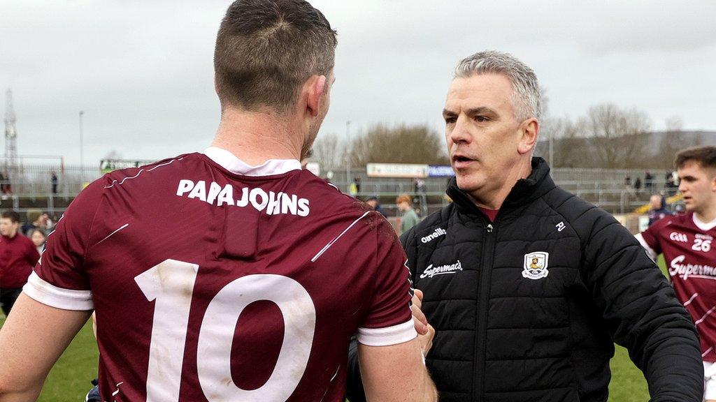 Galway manager Padraig Joyce, who starred in the county's All-Ireland wins in 1998 and 2001, congratulates Johnny Heaney after a superb display in the one-point win over Tyrone