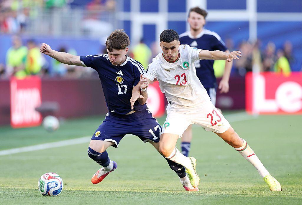 Ben Gannon-Doak #17 of Scotland is challenged by Bilal El Khannouss #23 of Morocco during the FIFA World Cup 2026 