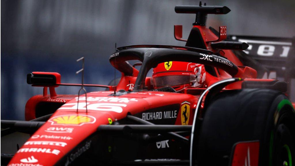 A close-up of Charles Leclerc driving the Ferrari during Canadian Grand Prix practice