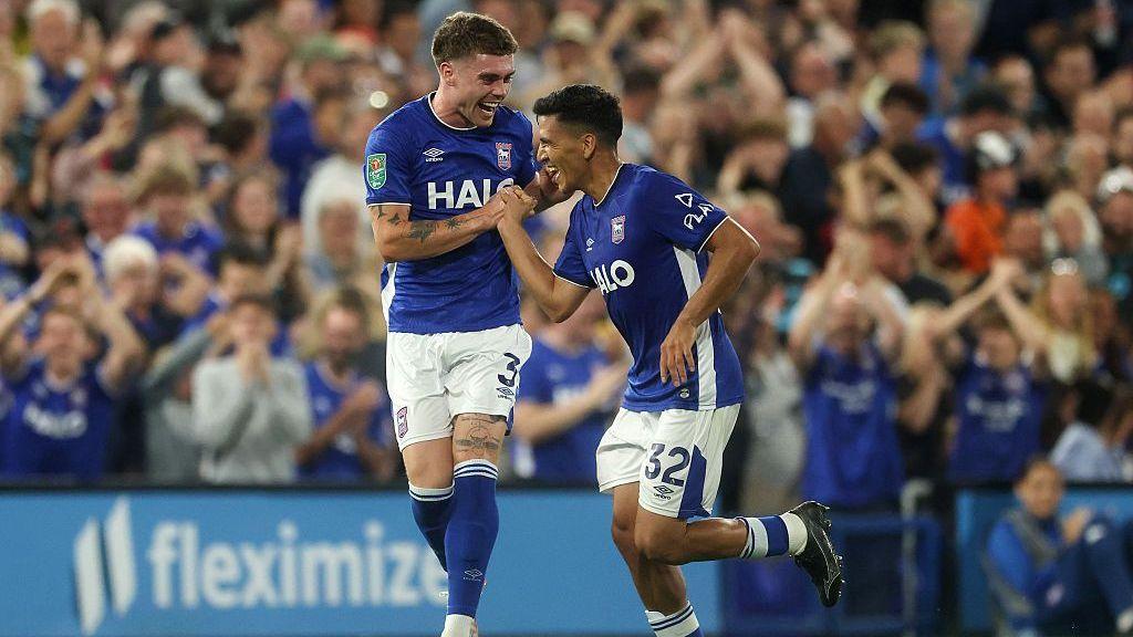 Marcelino Nunez of Ipswich Town celebrates scoring his team’s third goal with teammate Leif Davis