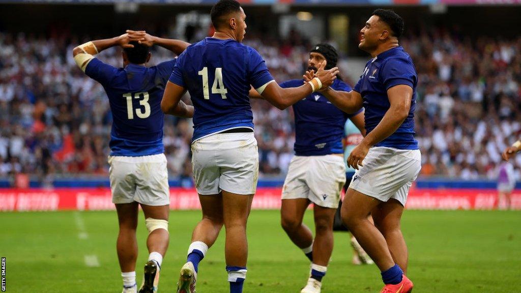 Nigel Ah-Wong celebrates a try for Samoa