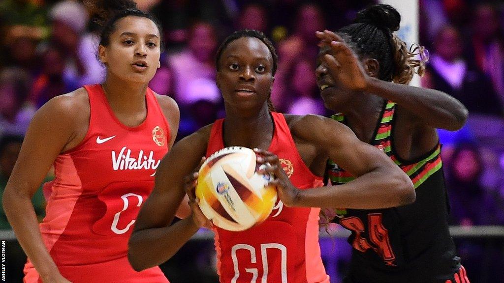 Funmi Fadoju with the ball for England against Malawi