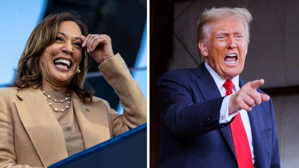 Harris and Trump are seen on the left and right respectively. Harris is smiling and Trump is pointing with a serious look on his face.