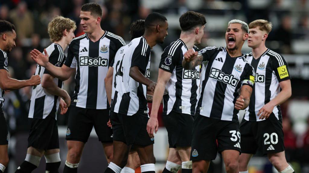 Newcastle celebrate after scoring in a 3-0 Premier League win over Wolverhampton Wanderers at St James' Park