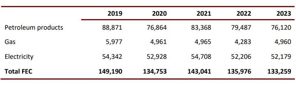 A graph showing the Final Energy Consumption by fuel type for 2023