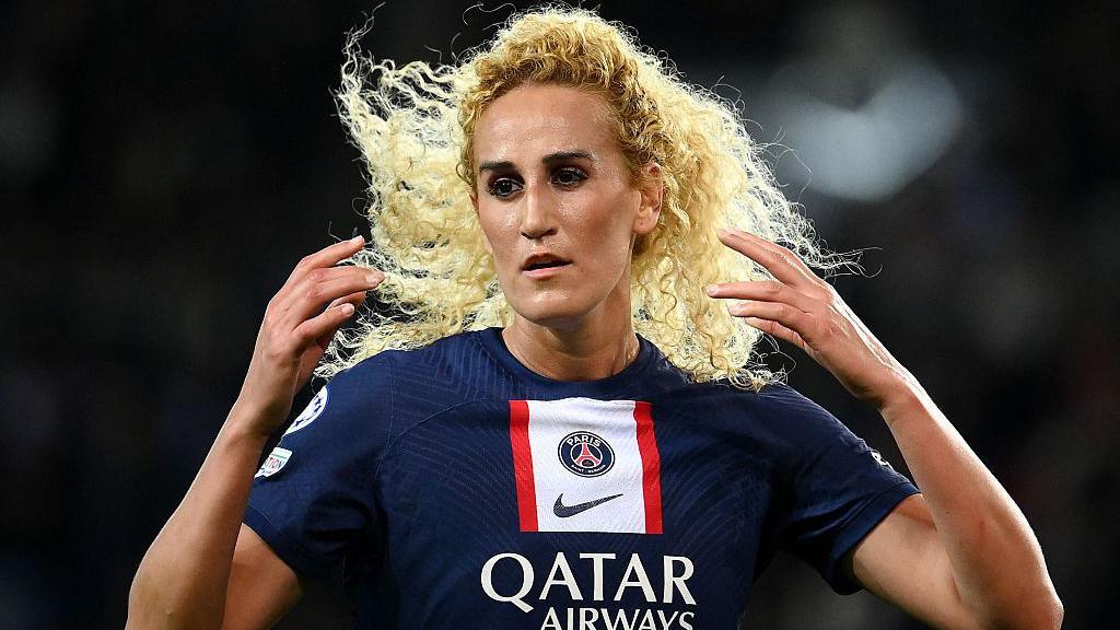 Paris Saint-Germain's French midfielder Kheira Hamraoui reacts during the UEFA Women's Champions League quarter-final 
