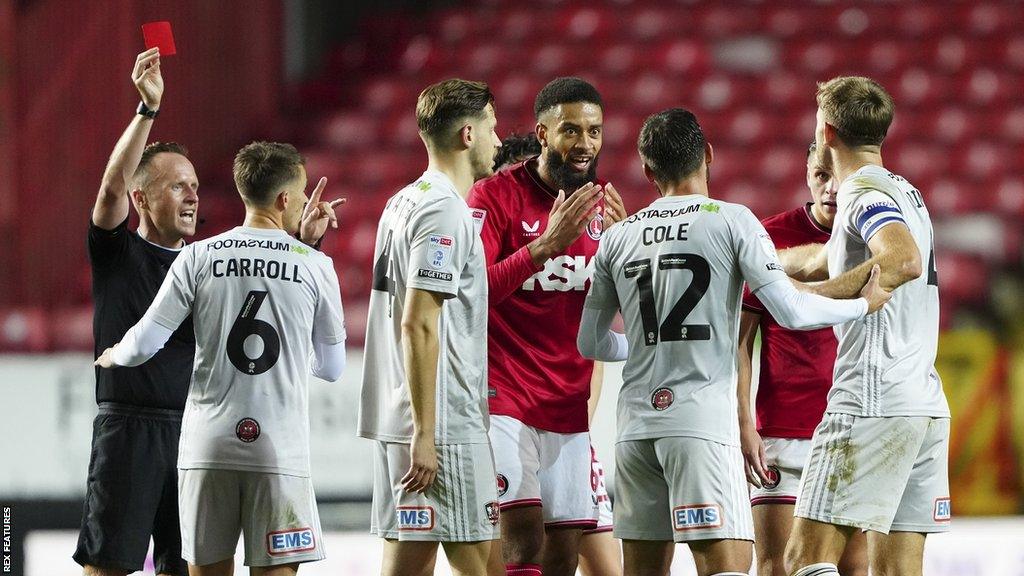 Will Aimson is sent off at Charlton Athletic