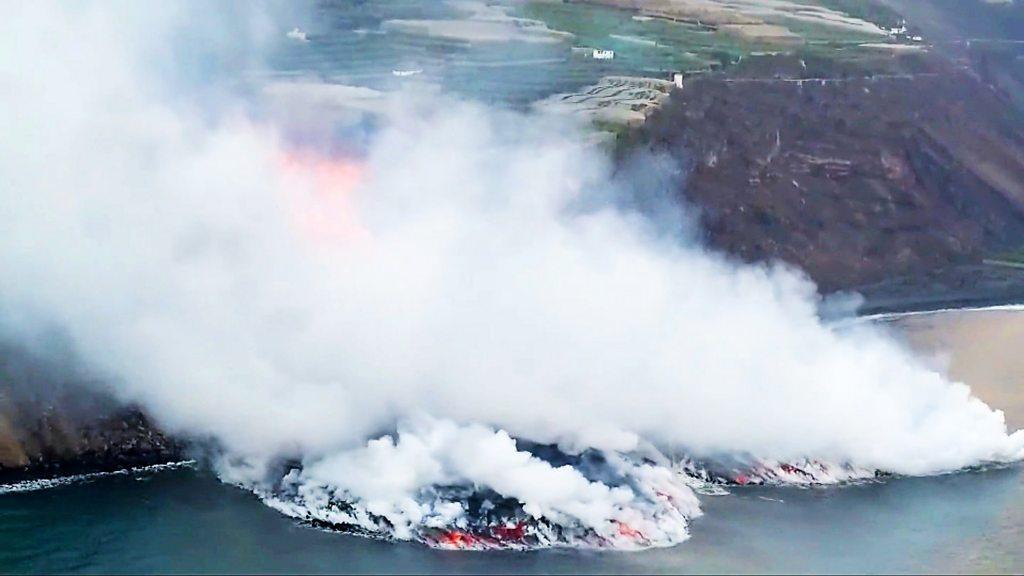 Lava falls into the Atlantic Ocean off La Palma