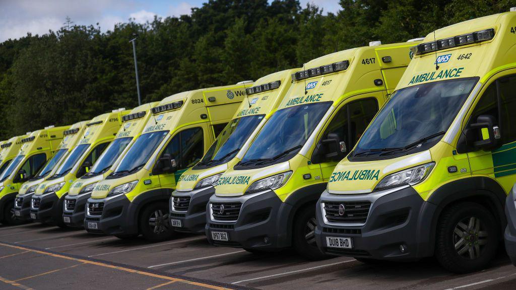 A line of yellow West Midlands Ambulances parked in parking spaces side-by-side. They have green text on them that says "ambulance"