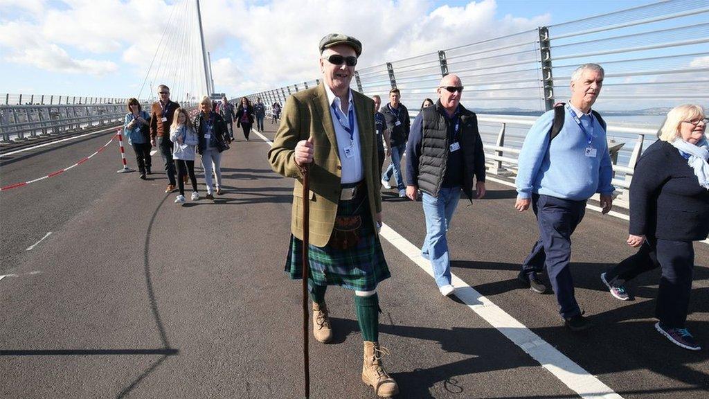 Competition-winners at the Queensferry Crossing during a one-off opportunity to walk across the new bridge