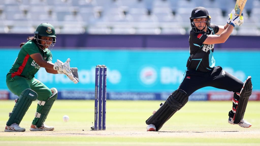 Bernadine Bezuidenhout of New Zealand plays a shot during the ICC Women's T20 World Cup group A match between New Zealand and Bangladesh