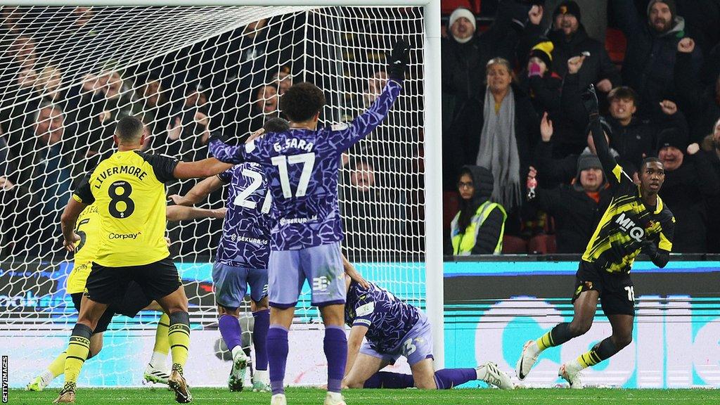 Yaser Asprilla (right) claims the winning goal against Norwich City after a brilliant piece of skill by the Watford forward