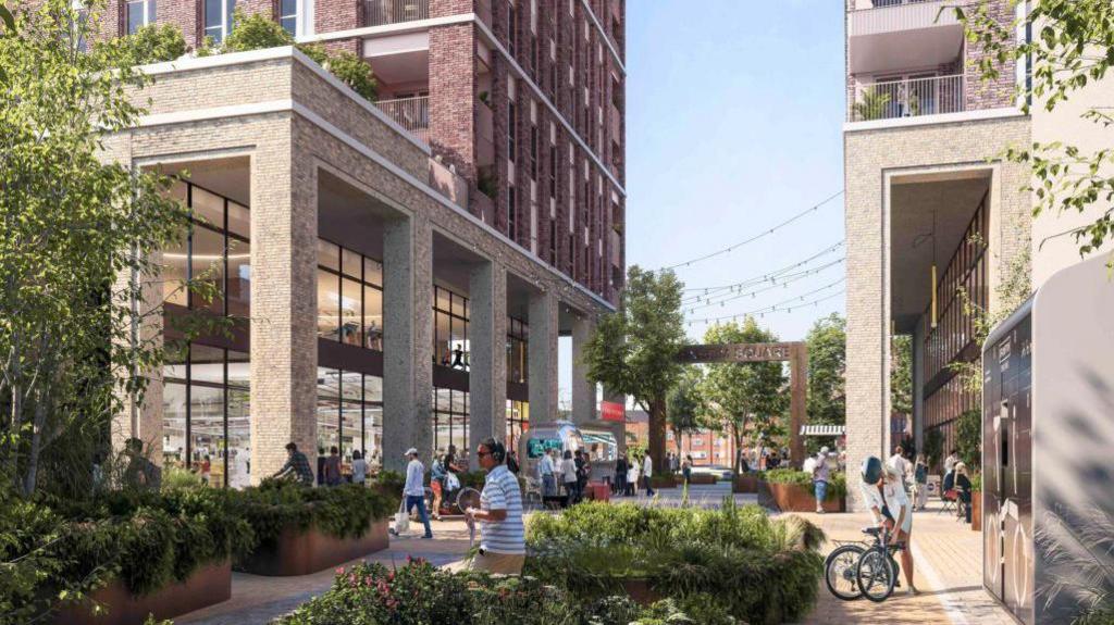 An artist's impression of the exterior of the development, with people milling around a courtyard amongst large planters and trees and under walkways next to shops, while flats with balconies and plants sit above them