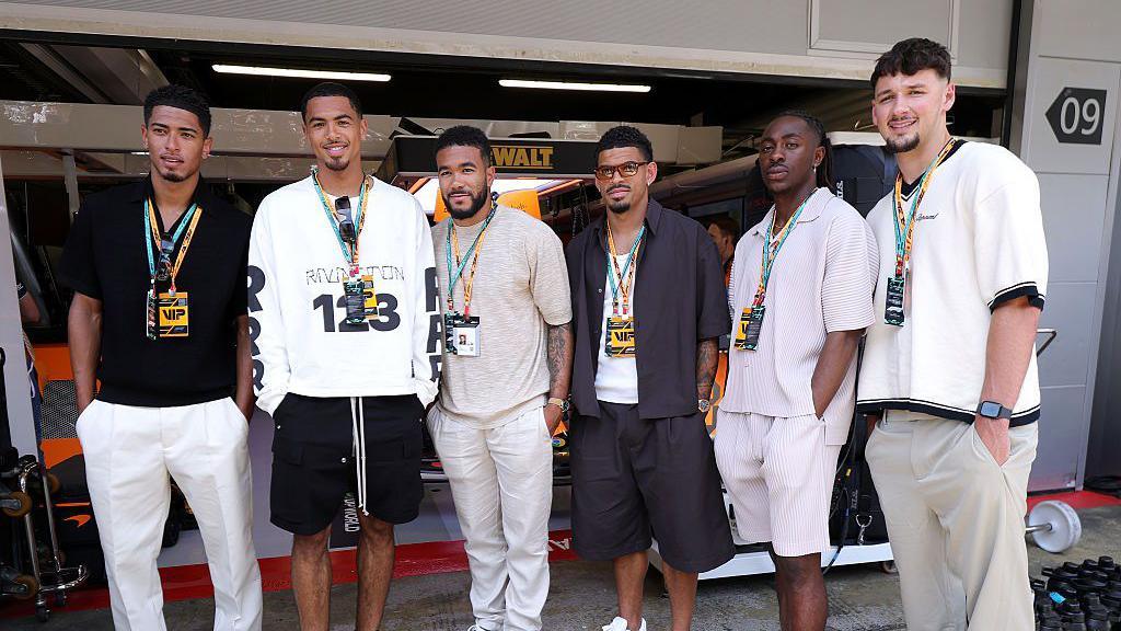 England players Jude Bellingham, Levi Colwill, Reece James, Morgan Gibbs-White, Eberechi Eze and James Trafford at the Spanish Grand Prix