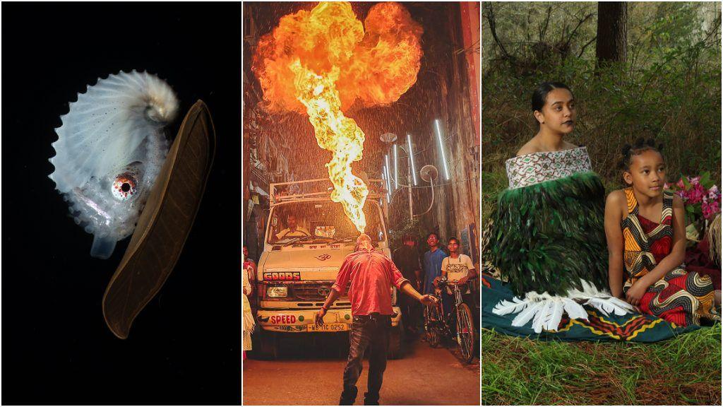 an octopus, a fire-breather and two seated girls 