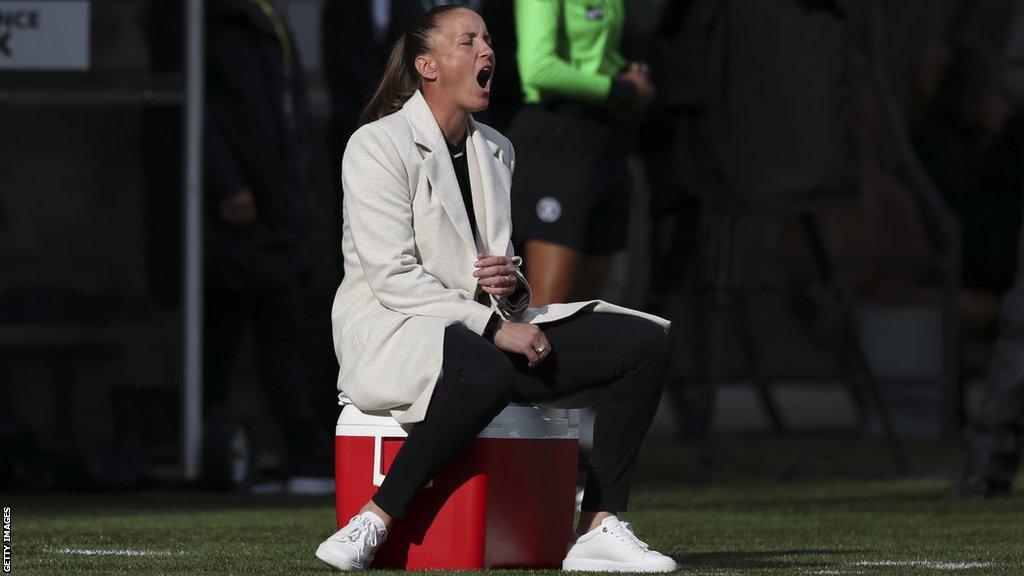 San Diego Wave FC head coach Casey Stoney calls out to players during the play-off semi-finals