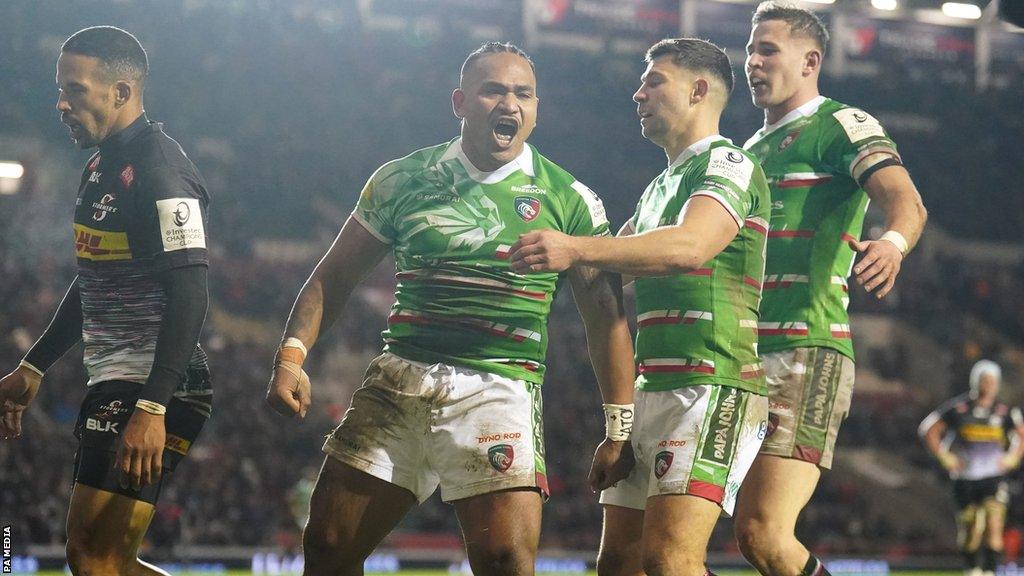 Leicester's Solomone Kata (centre) celebrates scoring a try against Stormers