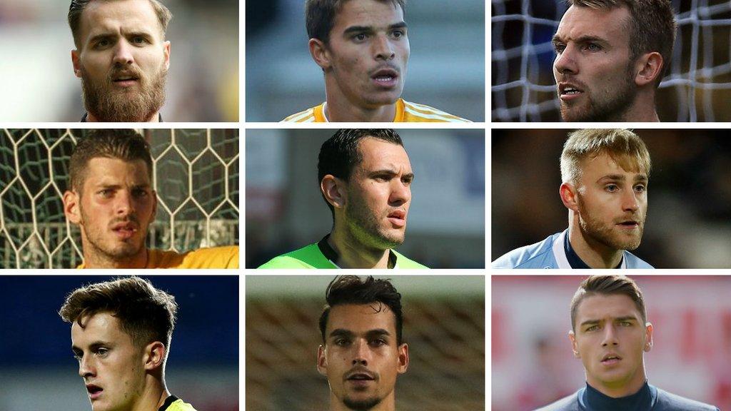 Port Vale's nine goalkeepers in 2017 (top row, from left): Jak Alnwick, Miguel Santos, Miguel Santos, Ryan Boot (middle row) Leo Fasan, Deniz Mehmet, Rob Lainton, (bottom row) Sam Hornby Kelle Roos, Dimi Evtimov