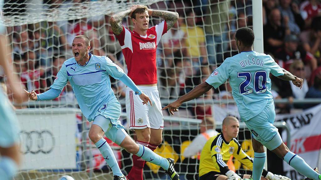 Billy Daniels of Coventry City turns to celebrate after scoring the winning goal during the Sky Bet League One match between Coventry City and Bristol City at Sixfields Stadium on August 11, 2013