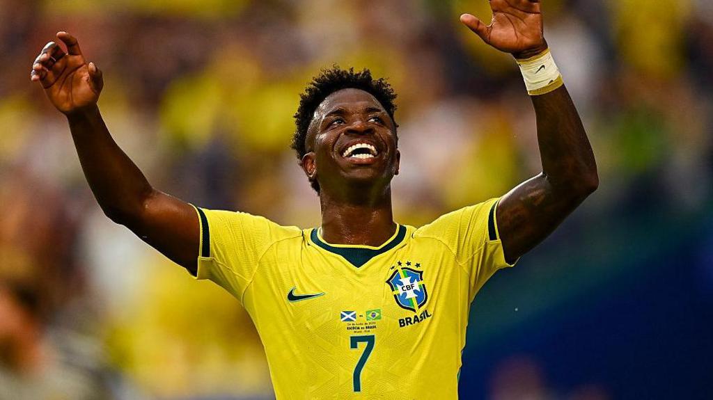Vinicius Jr. celebrates after scoring for Brazil against Scotland at the 2026 FIFA World Cup