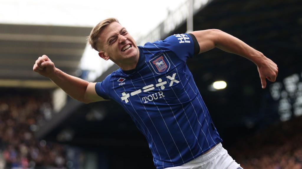 Liam Delap of Ipswich Town celebrates scoring his team's first goal during the Premier League match between Ipswich Town FC and Aston Villa FC at Portman Road