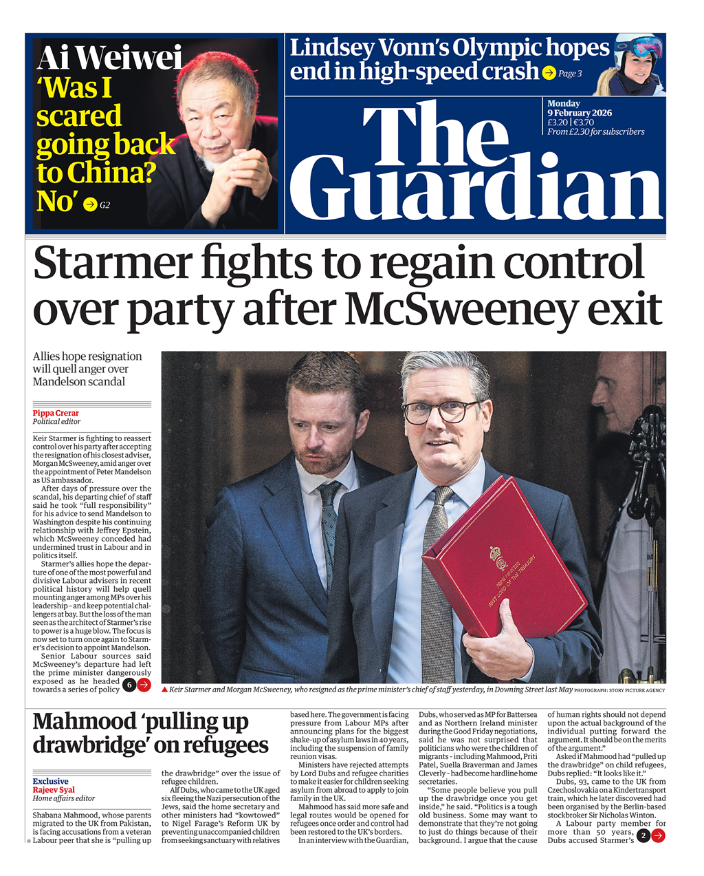 "Starmer lufton për të rifituar kontrollin mbi partinë pas largimit të McSweeney", thuhet në titullin kryesor të faqes së parë të gazetës Guardian.