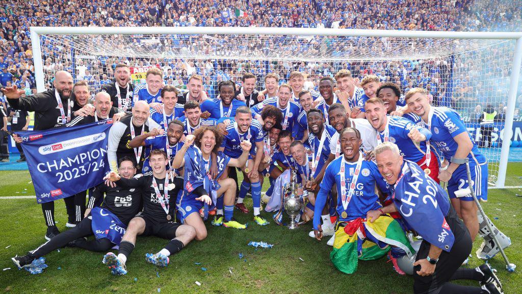 Leicester City players with the Championship trophy