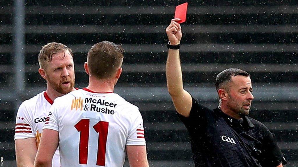 Referee David Gough sends off Tyrone's Frank Burns in Saturday's All-Ireland Football Championship Group Two match