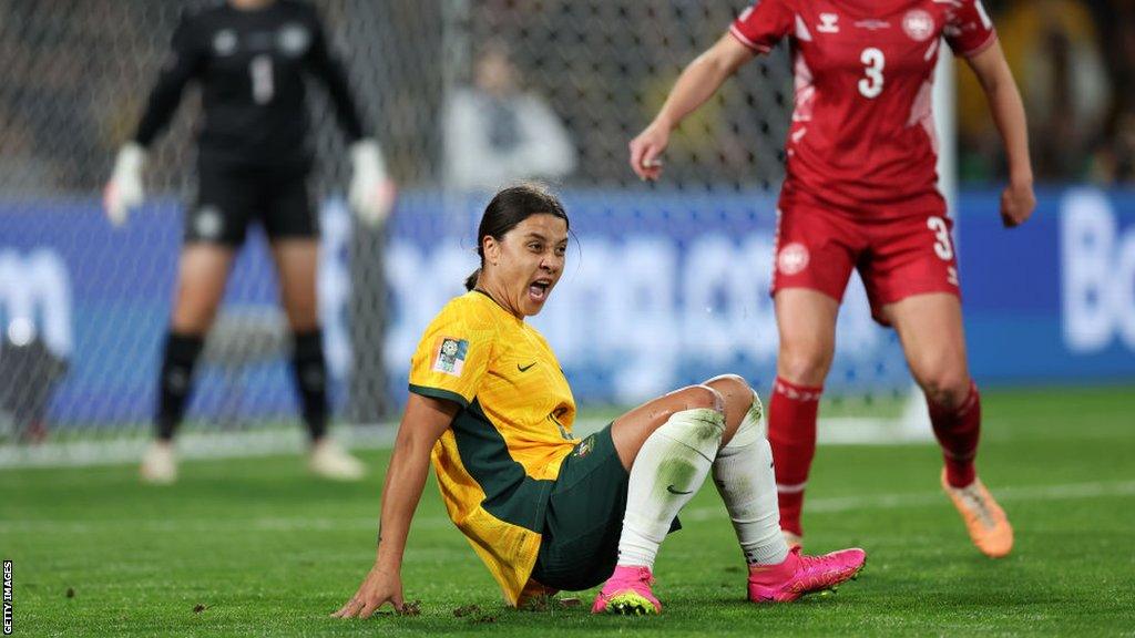 Sam Kerr after slipping against Denmark