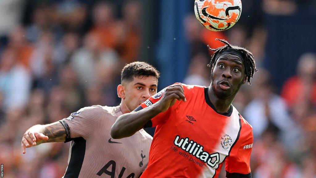 Luton Town striker Elijah Adebayo in action against Tottenham Hotspur