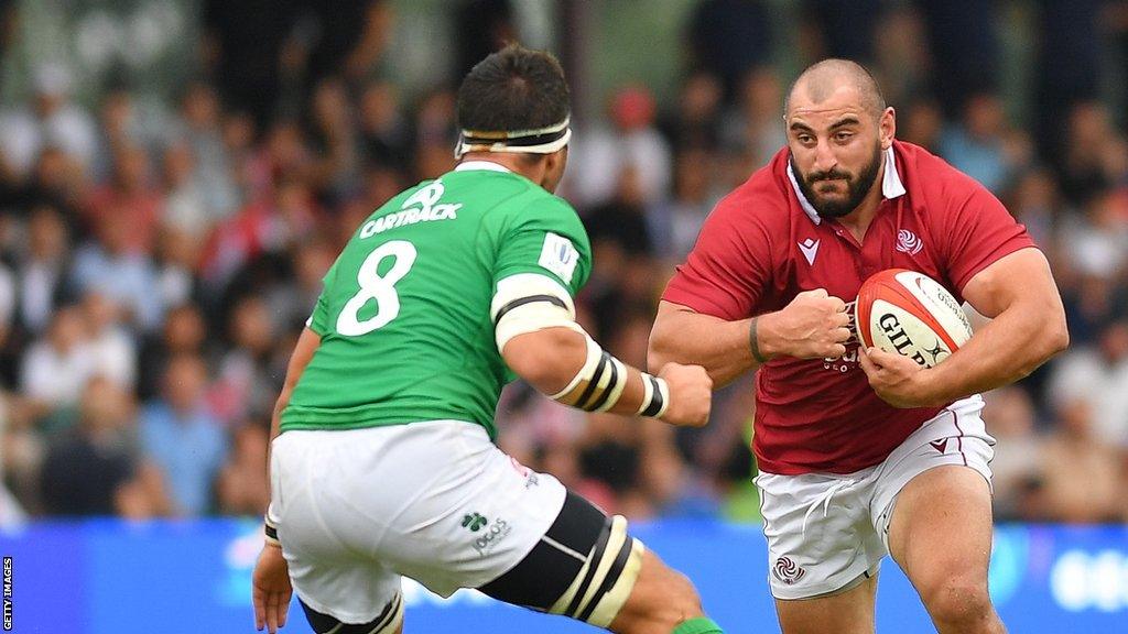 Georgia prop Nika Abuladze carries the ball against Portugal