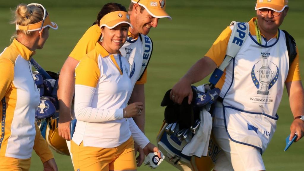 Georgia Hall and Madelene Sagstrom in Solheim Cup action