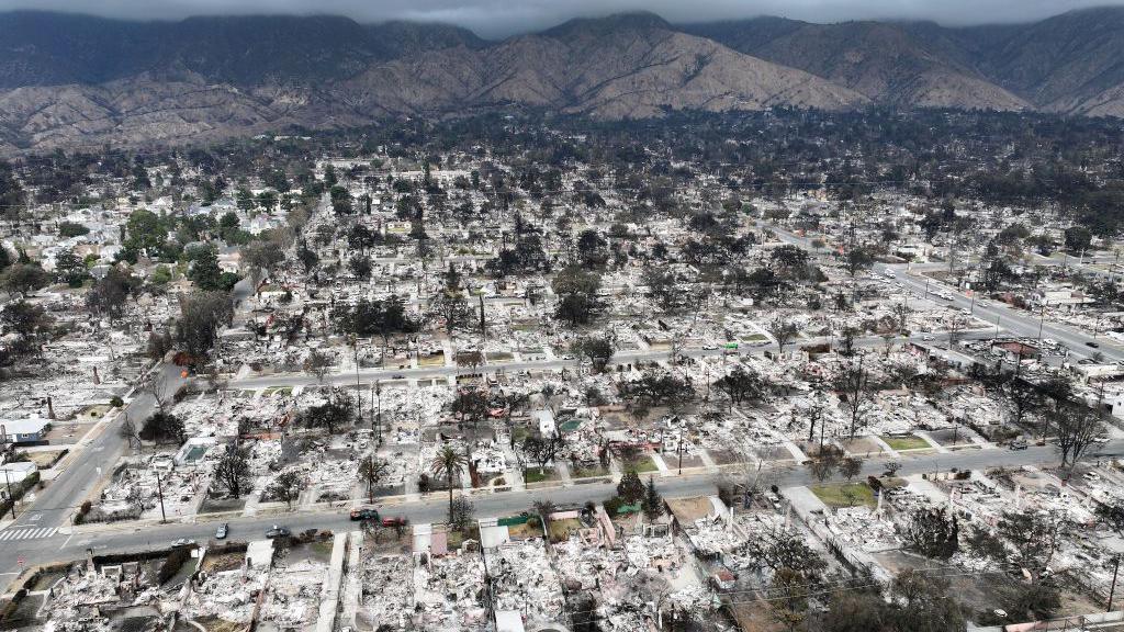 An aerial image shows the complete devastation to a community in Los Angeles after fires levelled a neighbourhood. Blocks and blocks of homes are now scattered debris. The mountains, where the blaze is reported to have started, stand in the distance. 