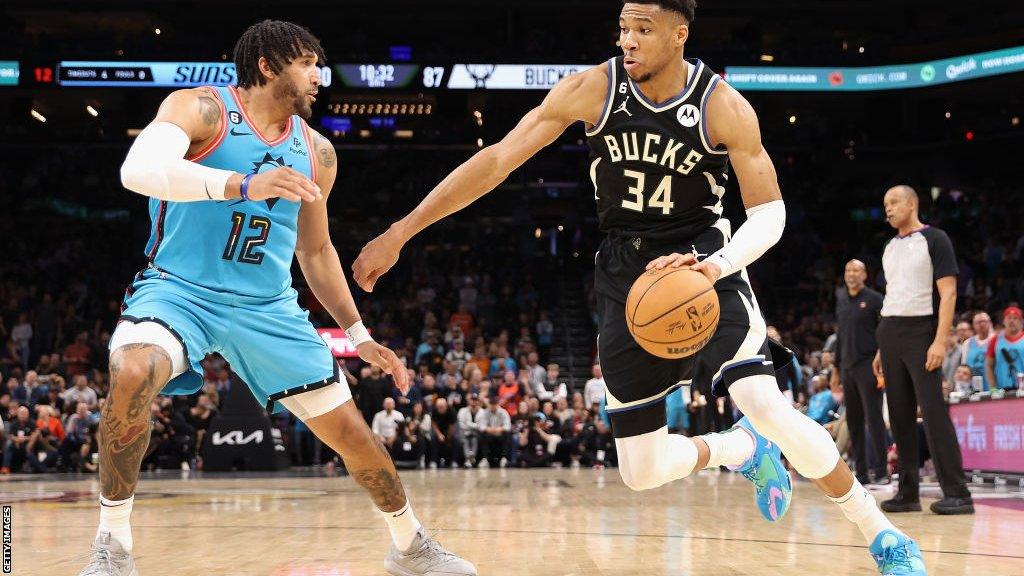 Giannis Antetokounmpo in action for the Milwaukee Bucks against the Phoenix Suns