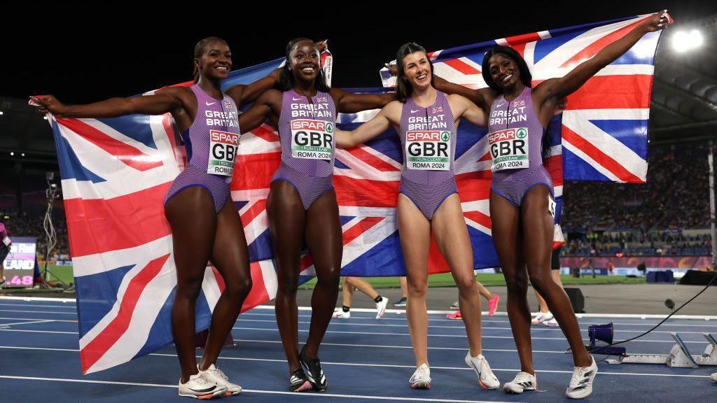 Dina Asher-Smith, Desiree Henry, Amy Hunt and Daryll Neita celebrate winning gold in the Women’s 4x100m Relay Final at the last European Athletics Championships in 2024.