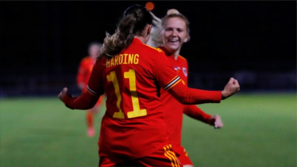 Wales’ Natasha Harding celebrates scoring the first goal