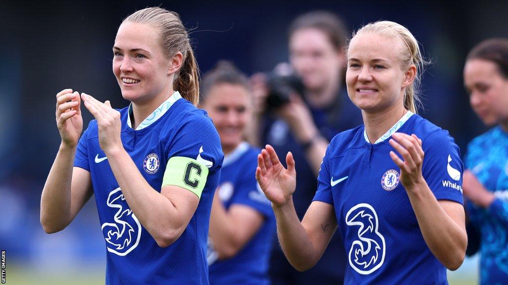 Magdalena Eriksson and Pernille Harder applaud the fans