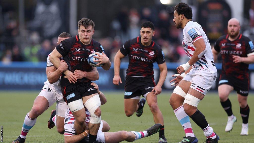 Theo Dan in possession for Saracens