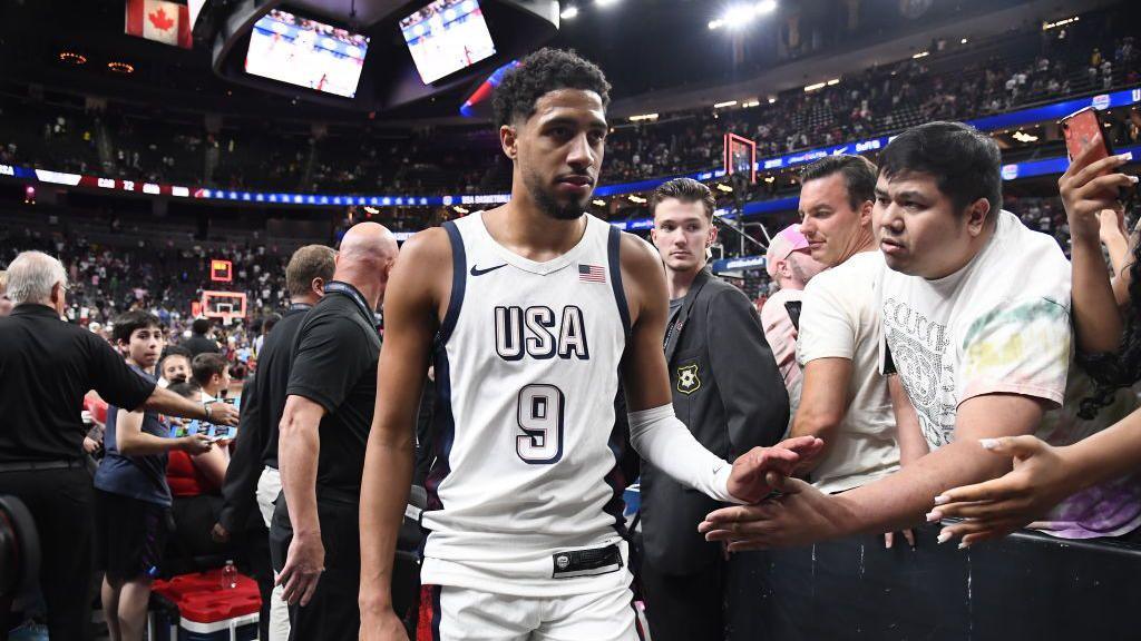 Indiana Pacers' Tyrese Haliburton walking off the court after USA's friendly with Canada