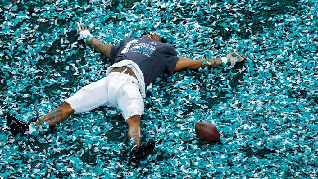 C.J. Gardner-Johnson #8 of the Philadelphia Eagles celebrates in confetti after beating the Kansas City Chiefs