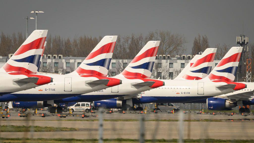 Passenger aircraft operated by British Airways on the tarmac at London Heathrow Airport on March 21, 2025 in London, England