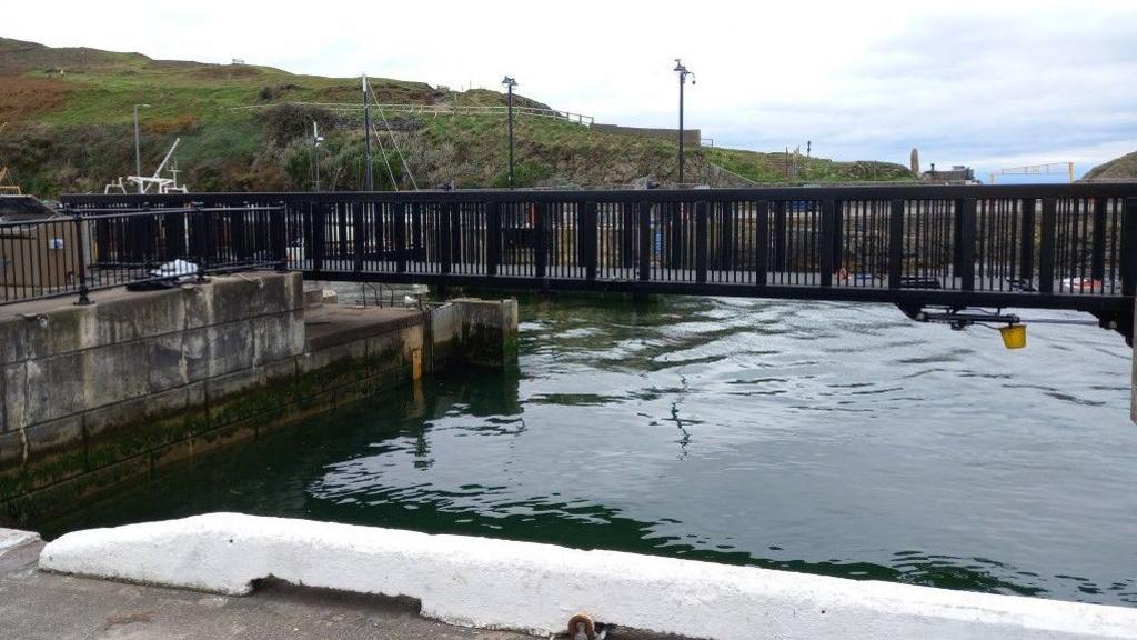 A black metal bridge with water underneath with a green hill in the background.