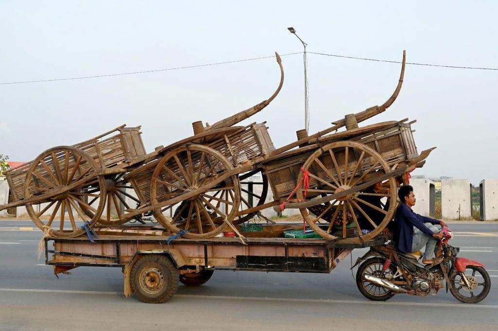 A man on his motorbike pulls a trailer carrying three large wooden ox carts. 